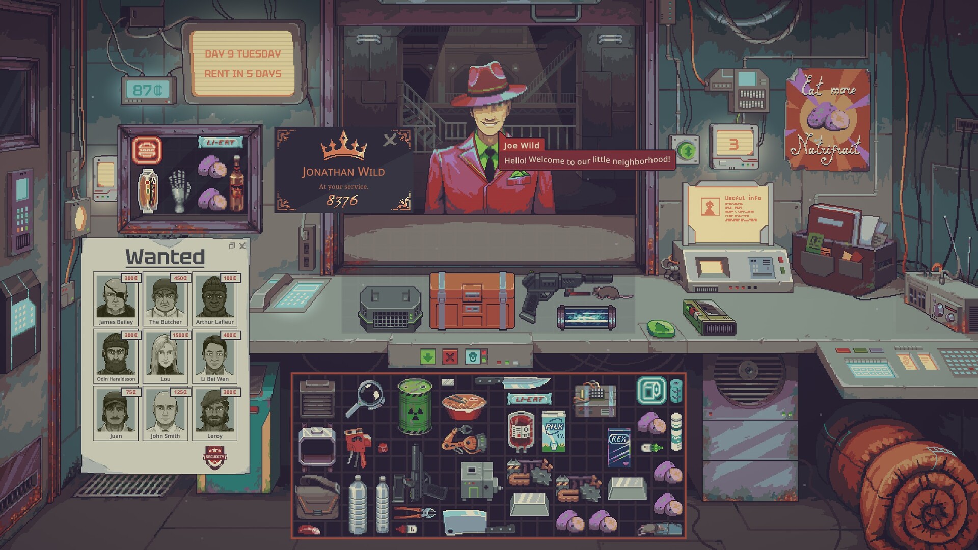 Probably Stolen shop counter with a rent countdown and inventory